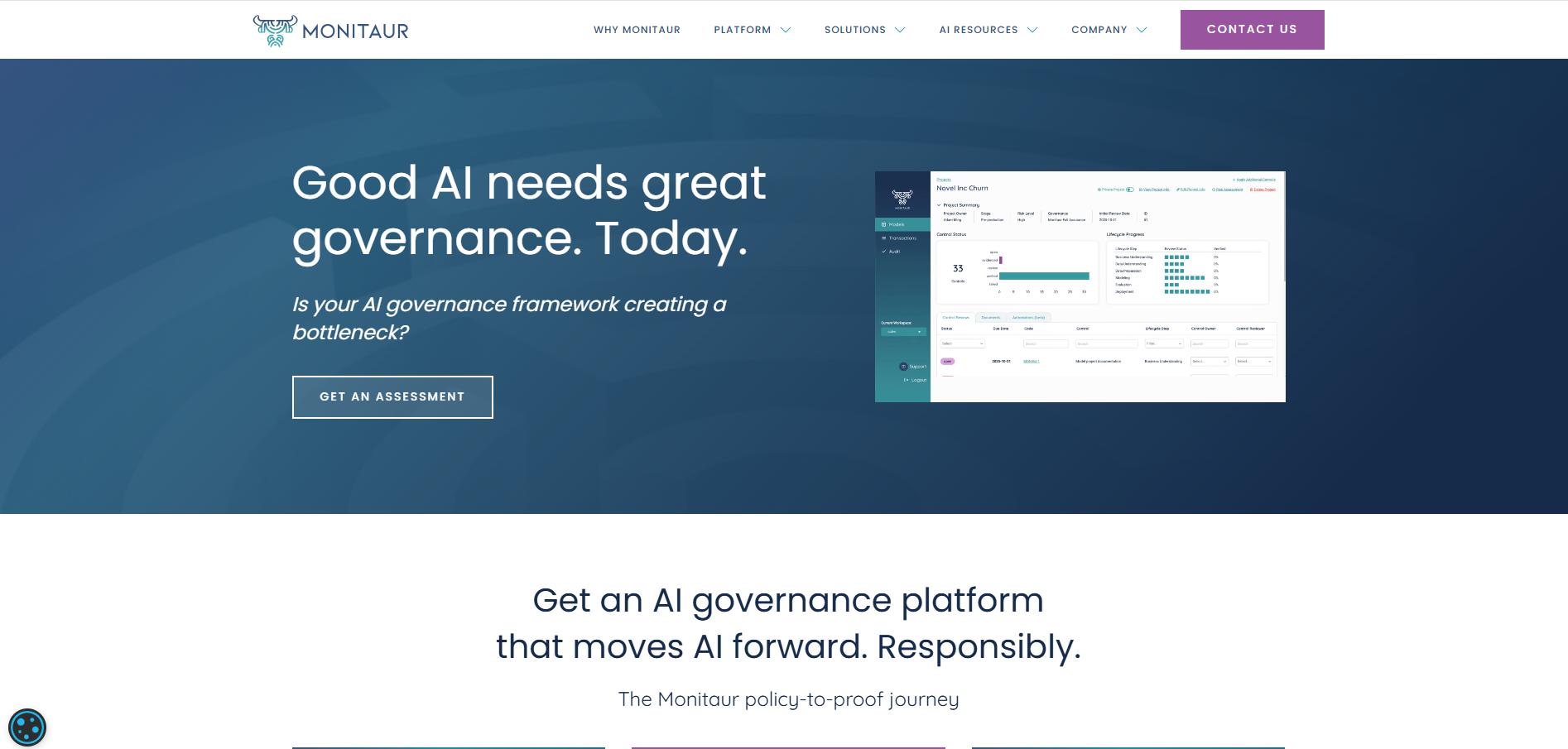Monitaur website hero with headline ‘Good AI needs great governance.