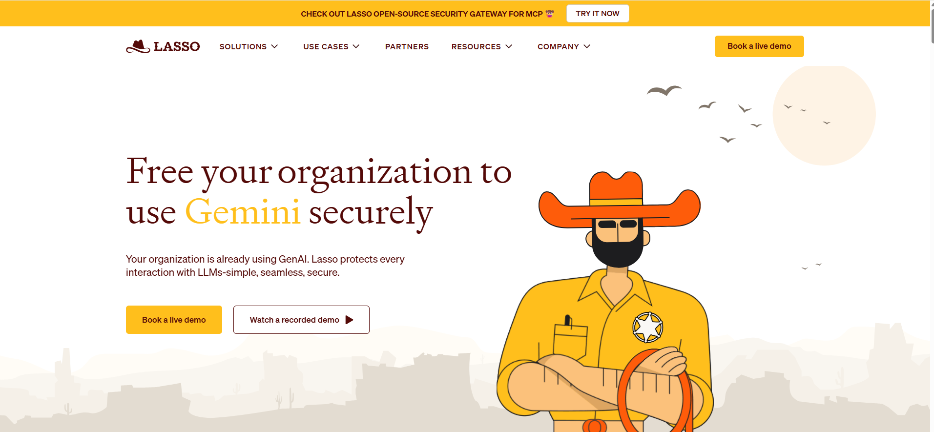 Lasso homepage promoting secure use of Gemini, with headline “Free your organization to use Gemini securely.”