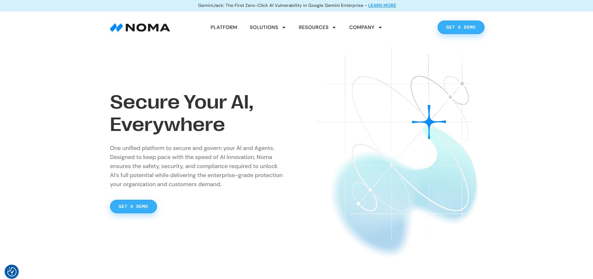 Noma homepage with headline “Secure Your AI, Everywhere,” promoting an AI security and governance platform.