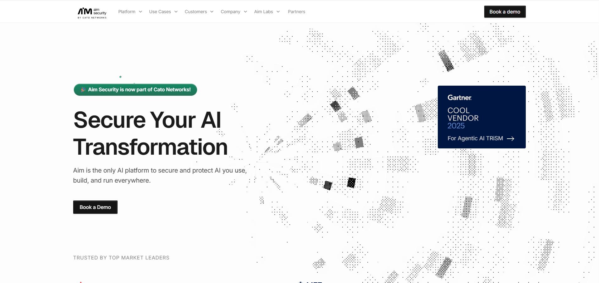 Aim Security homepage with headline “Secure Your AI Transformation,” promoting AI protection and governance.