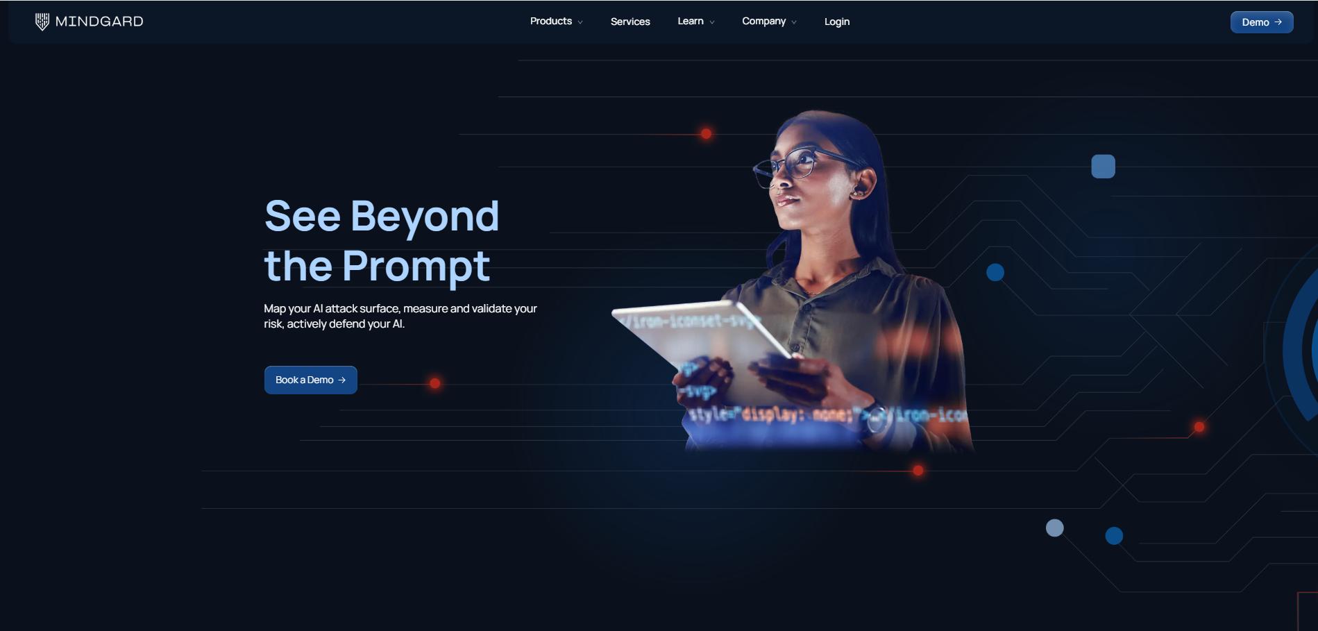 Mindgard homepage with headline “See Beyond the Prompt,” showcasing AI security and risk defense.