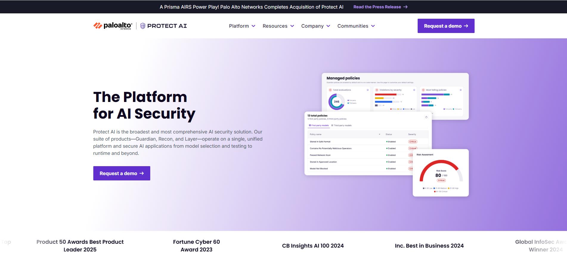 Protect AI by Palo Alto Networks homepage promoting an AI security platform.
