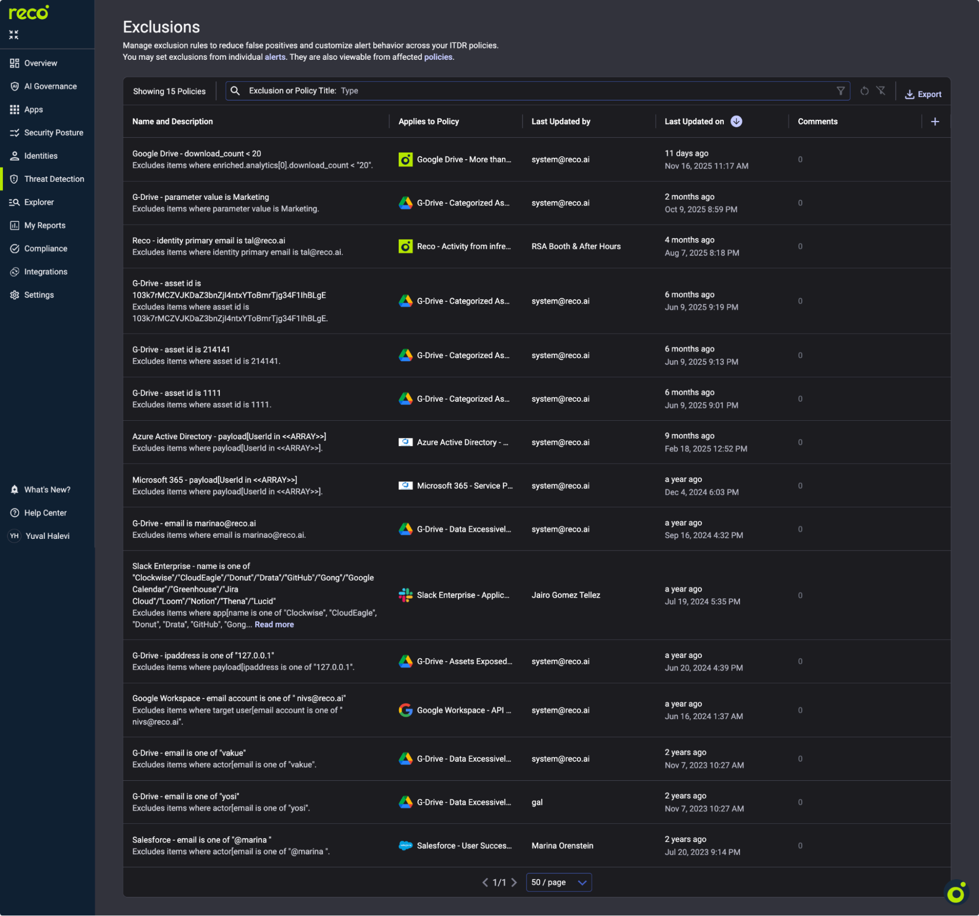 Navigate to Threat Detection → Exclusions