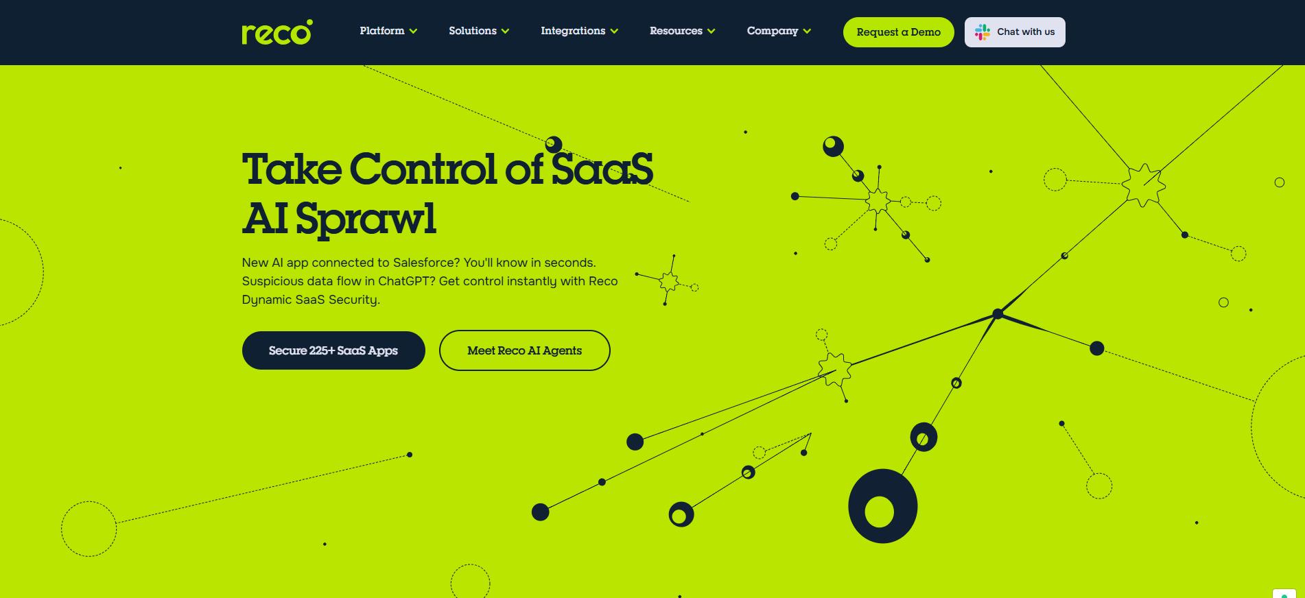 Reco homepage hero promoting SaaS AI sprawl control, highlighting visibility into AI apps, data flows, and dynamic SaaS security.
