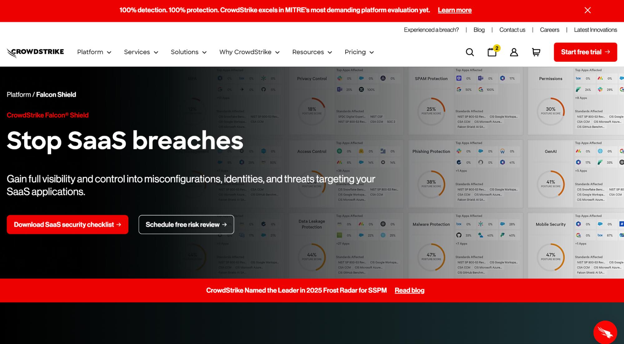 CrowdStrike Falcon Shield webpage highlighting SaaS breach prevention, visibility into misconfigurations, identities, and threats across SaaS applications.