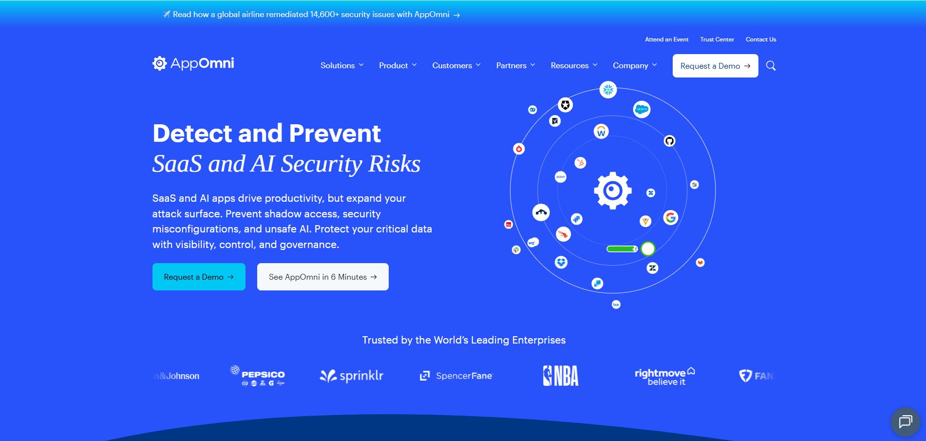 AppOmni homepage highlighting detection and prevention of SaaS and AI security risks with visibility, control, and governance across applications.