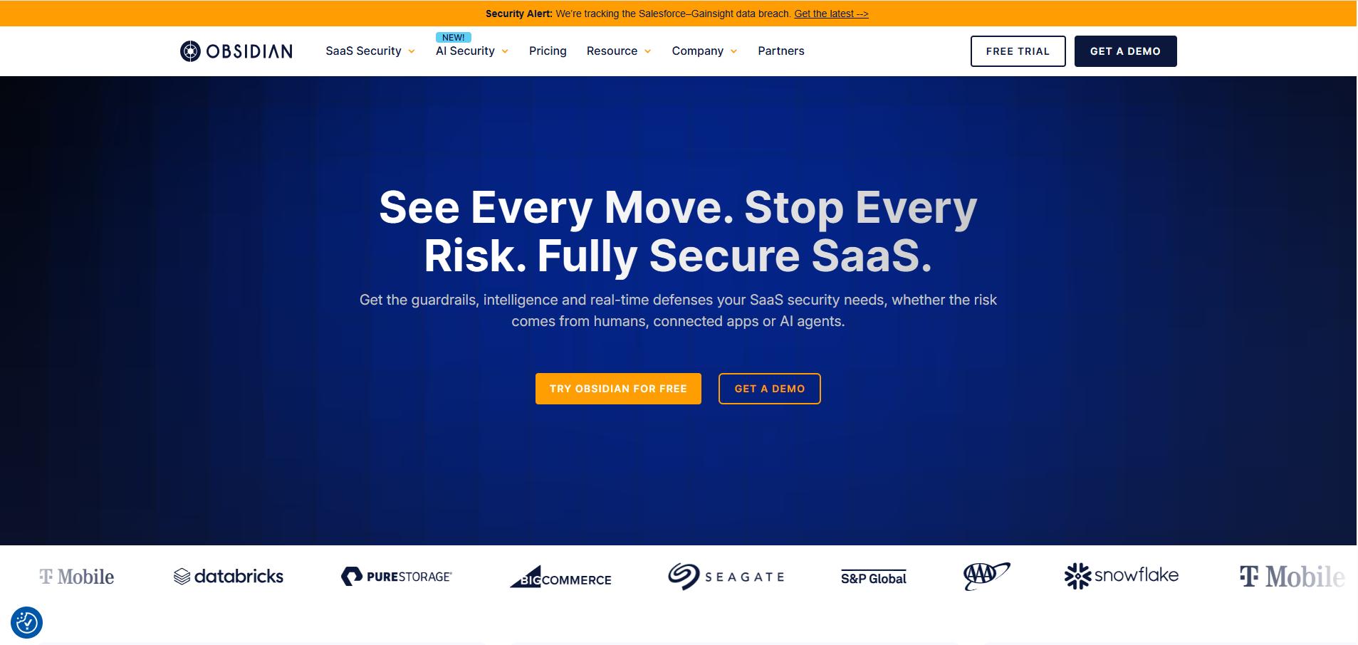 Obsidian Security homepage promoting SaaS and AI security with real-time risk detection, guardrails, and protection against human, app, and AI threats.