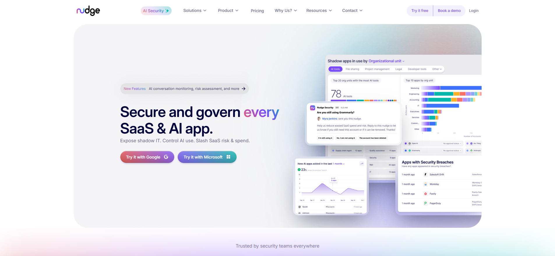 Nudge Security homepage showing SaaS and AI app governance, shadow IT visibility, AI monitoring, and dashboards for risk and usage insights.