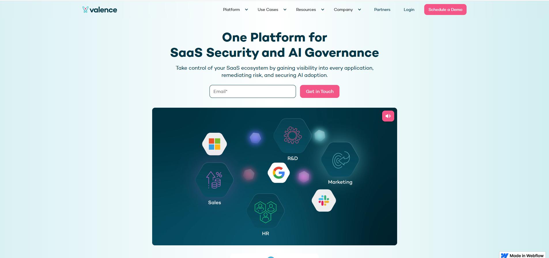 Valence platform homepage promoting unified SaaS security and AI governance with visibility across apps and departments like sales, HR, R&D, and marketing.