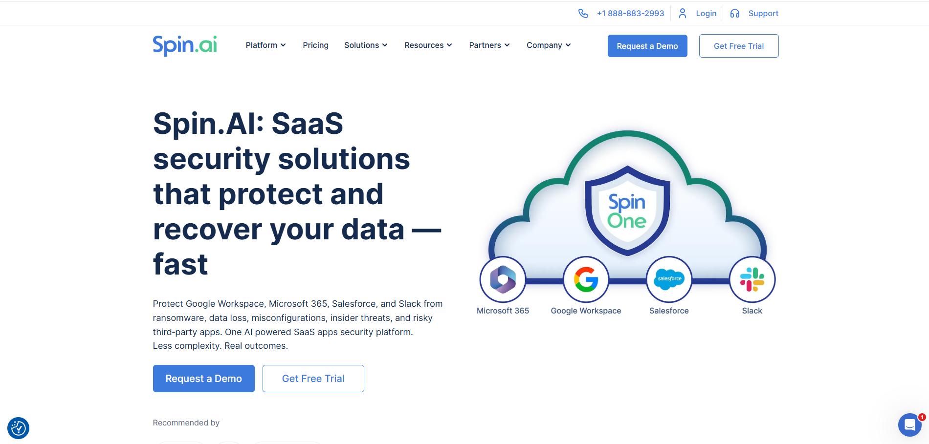 Spin.ai homepage promoting SaaS security solutions to protect and recover data across Microsoft 365, Google Workspace, Salesforce, and Slack.