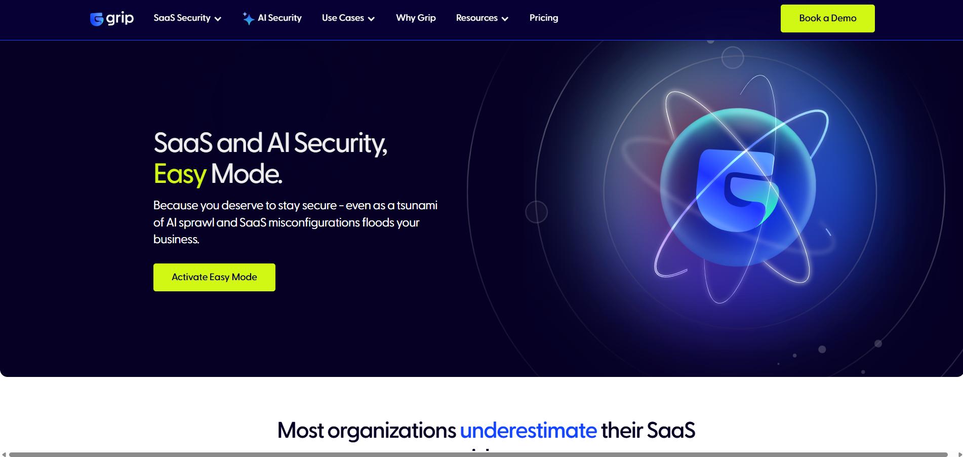 Grip Security homepage promoting SaaS and AI security with simplified controls to manage AI sprawl and SaaS misconfigurations.
