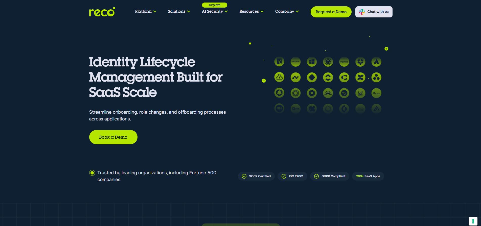 Reco website hero section with headline “Identity Lifecycle Management Built for SaaS Scale.”