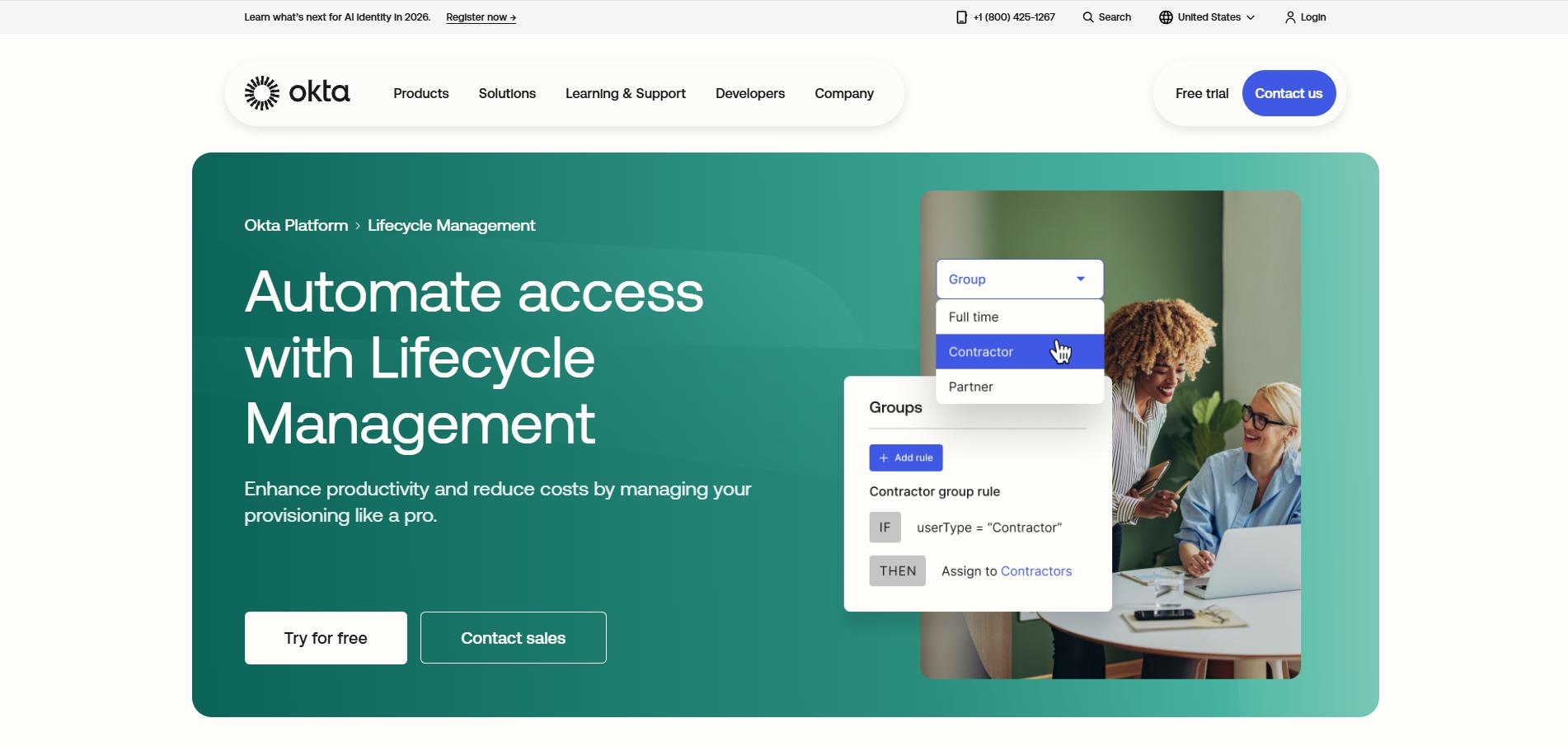 Okta Lifecycle Management webpage with headline “Automate access.”