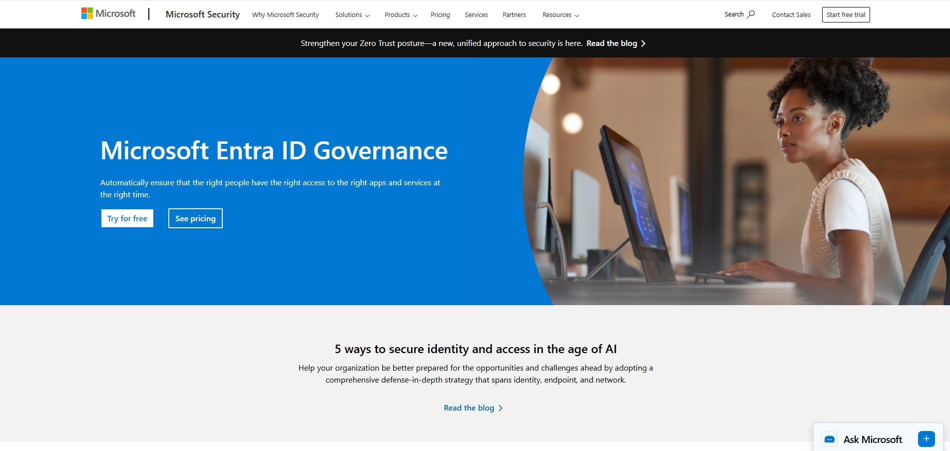 Microsoft Security page for Entra ID Governance with “Try for free” and “See pricing” buttons.
