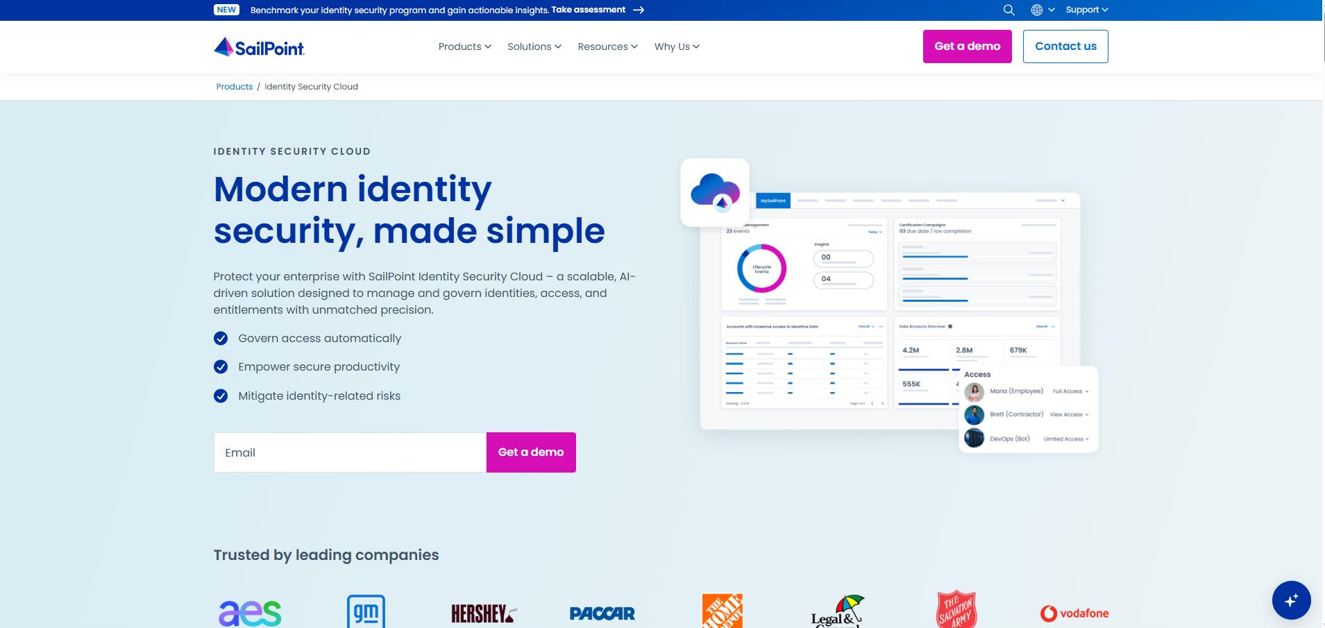 SailPoint Identity Security Cloud webpage with headline “Modern identity security, made simple.”