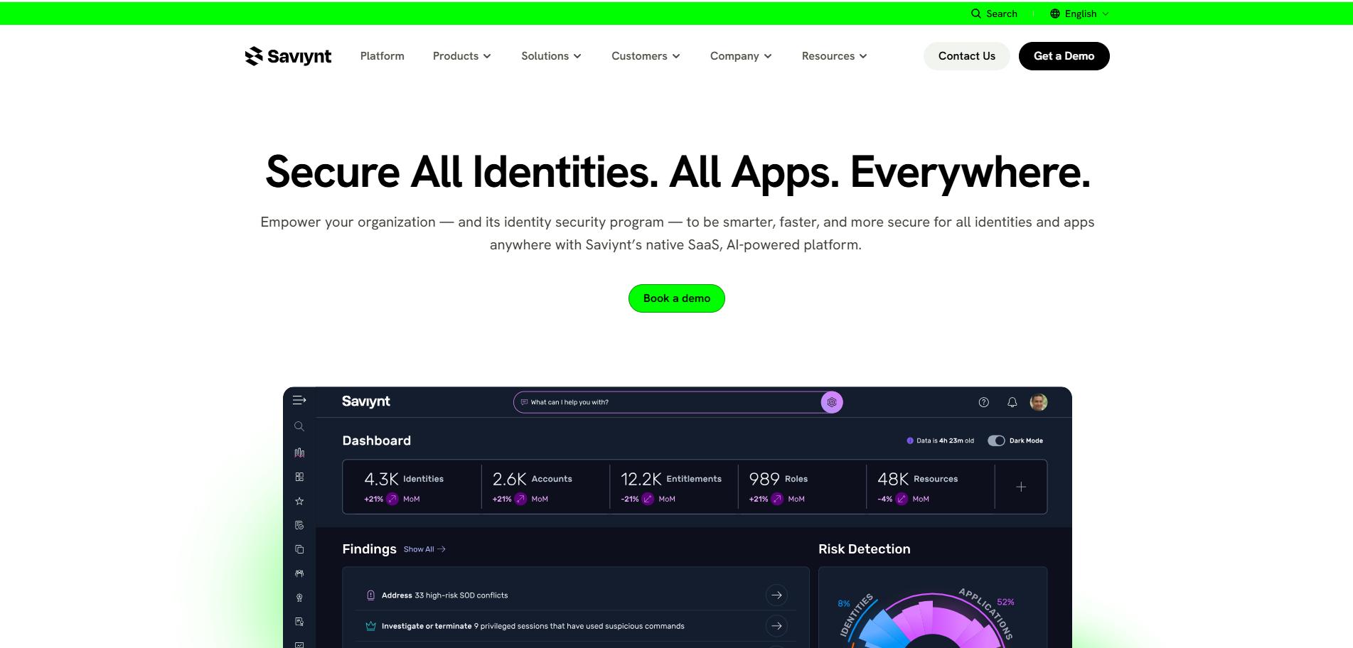 Saviynt homepage with headline “Secure All Identities. All Apps. Everywhere.”