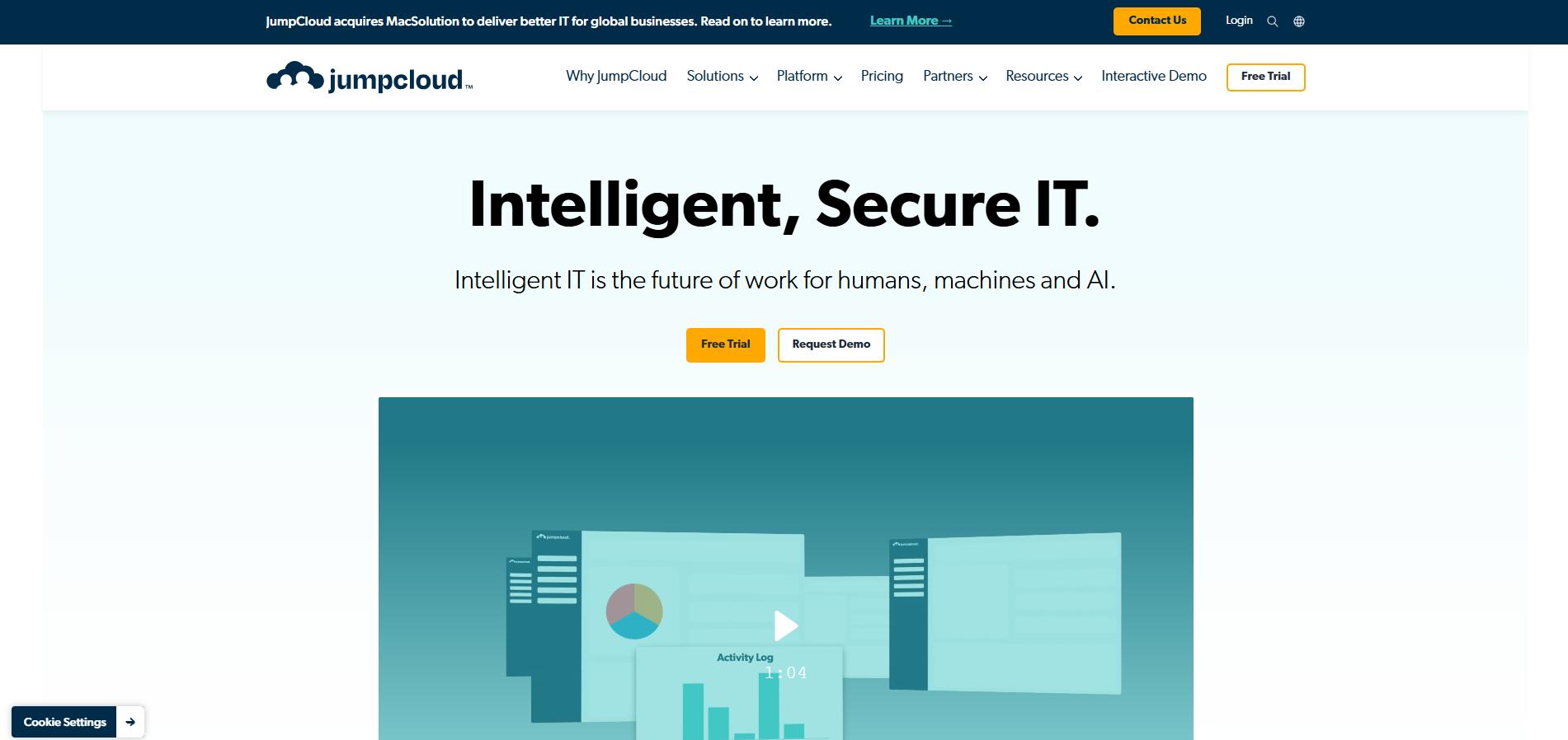 JumpCloud homepage with headline “Intelligent, Secure IT.”