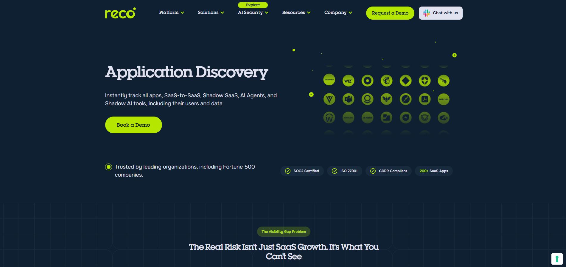 Reco Application Discovery webpage with headline and Book a Demo button.