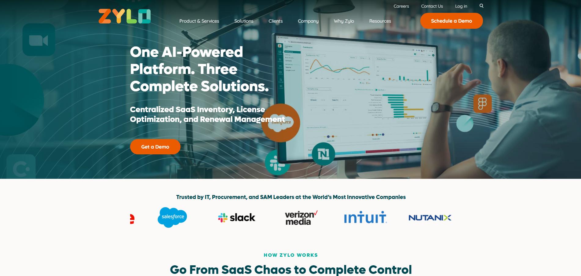 Zylo homepage showing AI-powered SaaS management platform with dashboard analytics and Get a Demo call-to-action button.