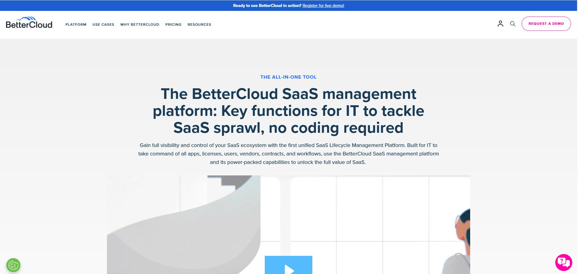 BetterCloud SaaS management platform homepage highlighting IT control over SaaS sprawl with unified lifecycle management tools.