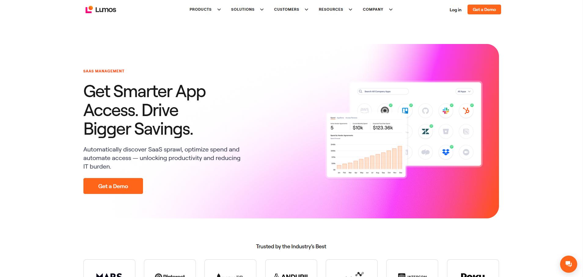 Lumos SaaS management homepage promoting smarter app access, spend optimization, and automated access with dashboard preview and Get a Demo button.