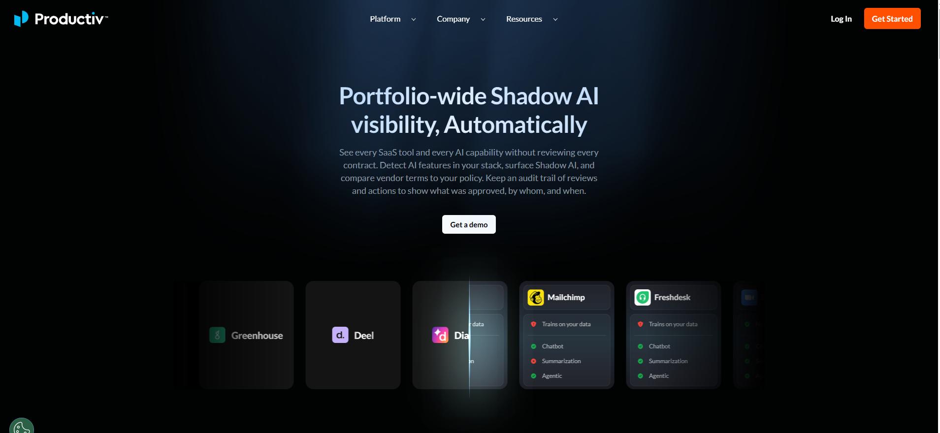 Productiv homepage highlighting portfolio-wide Shadow AI visibility with SaaS app cards and Get a demo call-to-action.