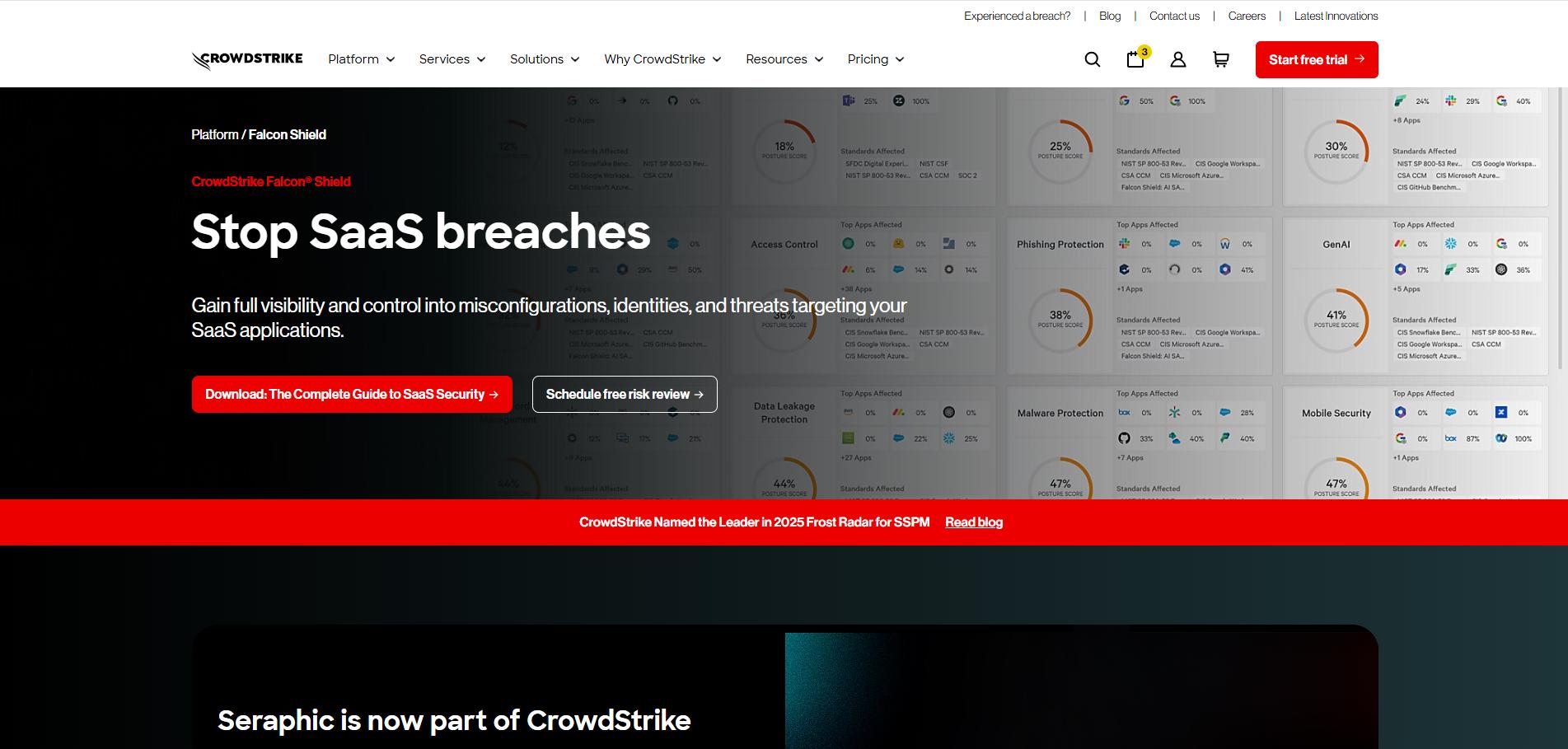 CrowdStrike Falcon Shield webpage promoting SaaS breach protection with security dashboard visuals and download guide CTA.