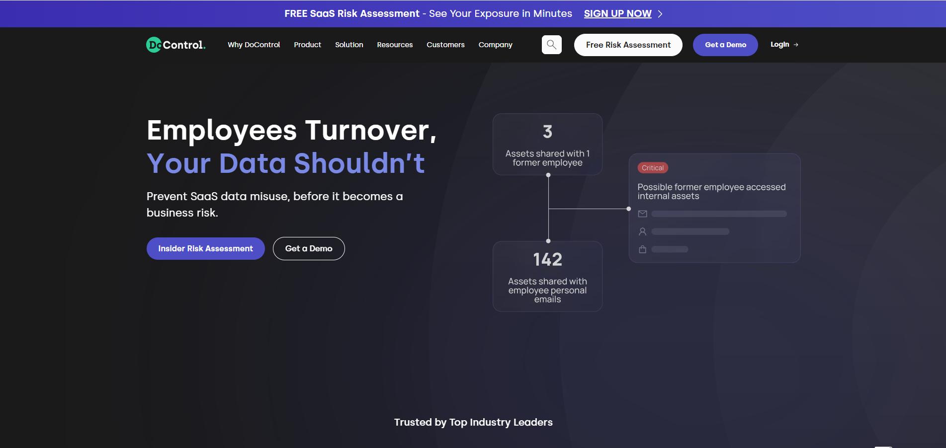 DoControl homepage highlighting insider risk and SaaS data misuse prevention with risk metrics and Get a Demo call-to-action.