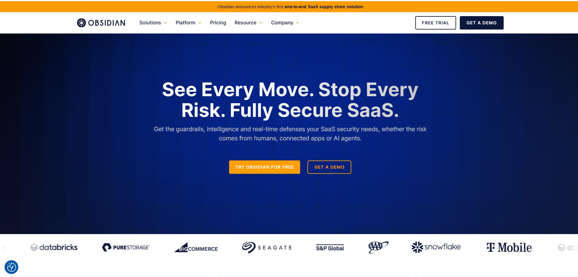 Obsidian SaaS security homepage promoting real-time risk protection with Free Trial and Get a Demo call-to-action buttons.