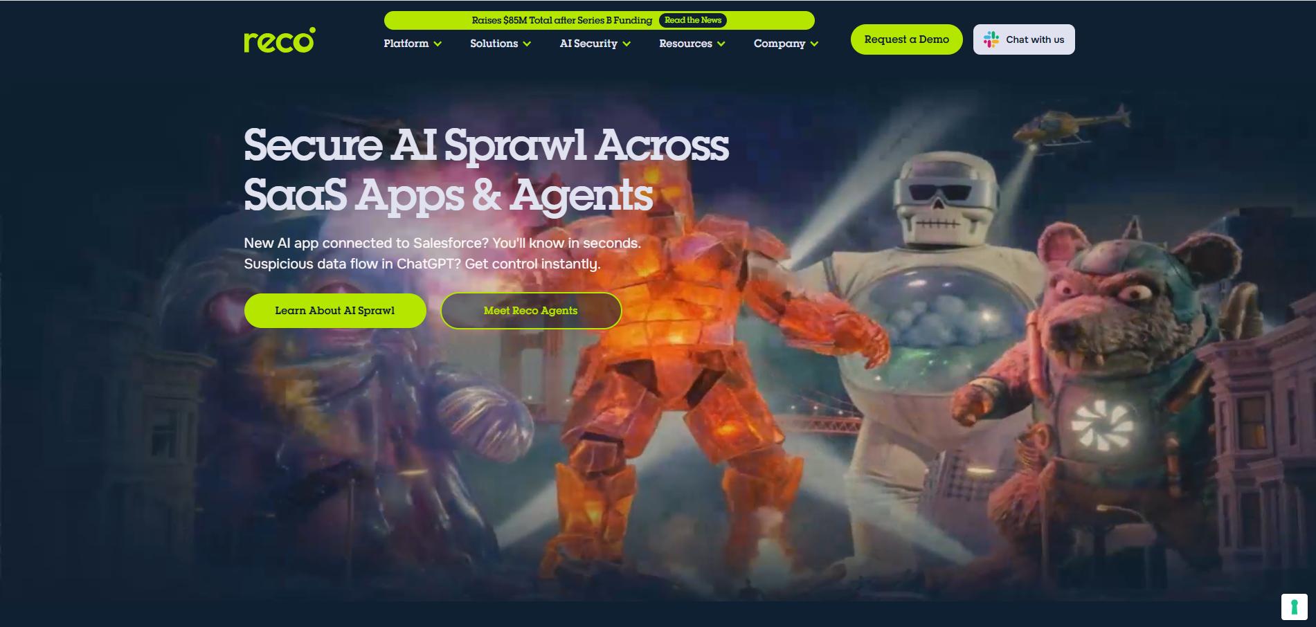 Reco homepage showing “Secure AI Sprawl Across SaaS Apps & Agents”