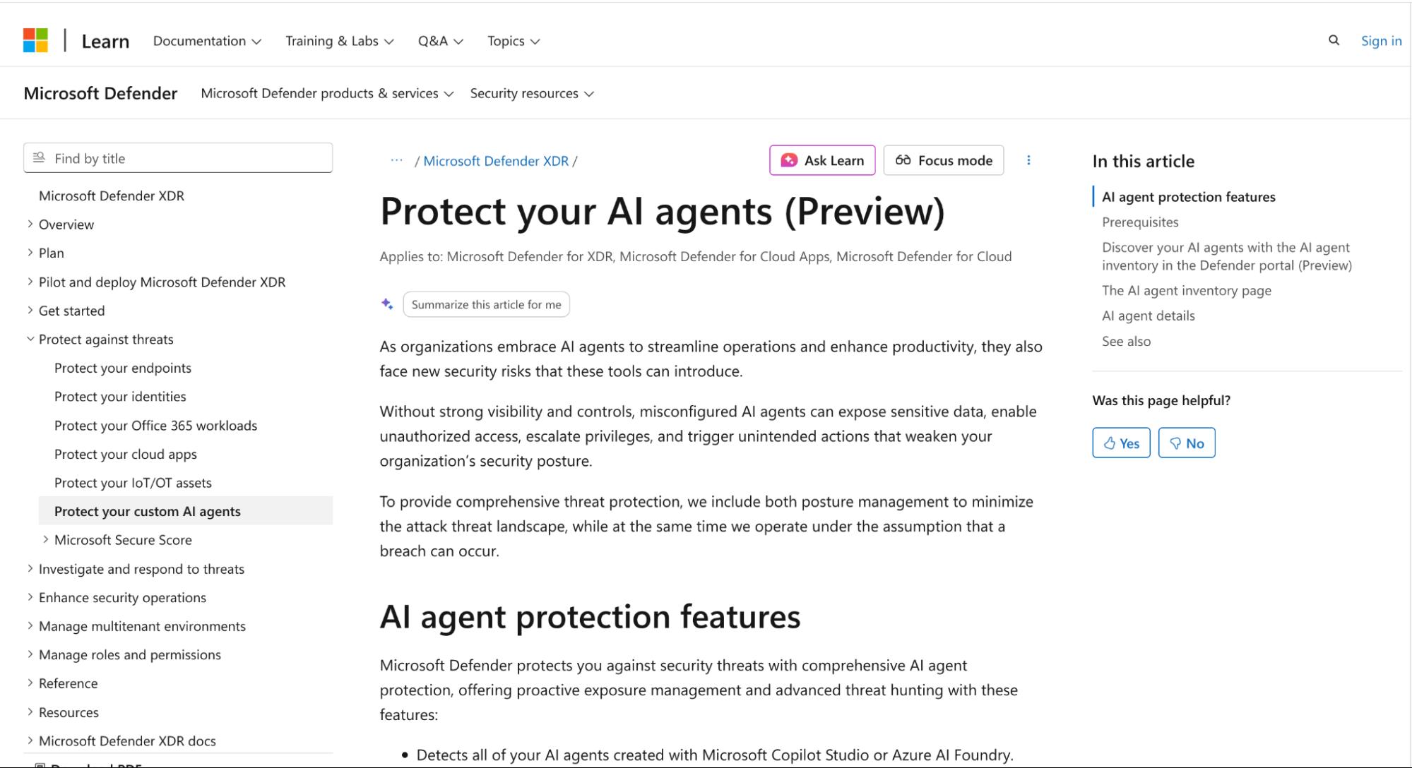 Microsoft Learn page titled “Protect your AI agents (Preview)” showing Microsoft Defender XDR guidance and AI agent protection features