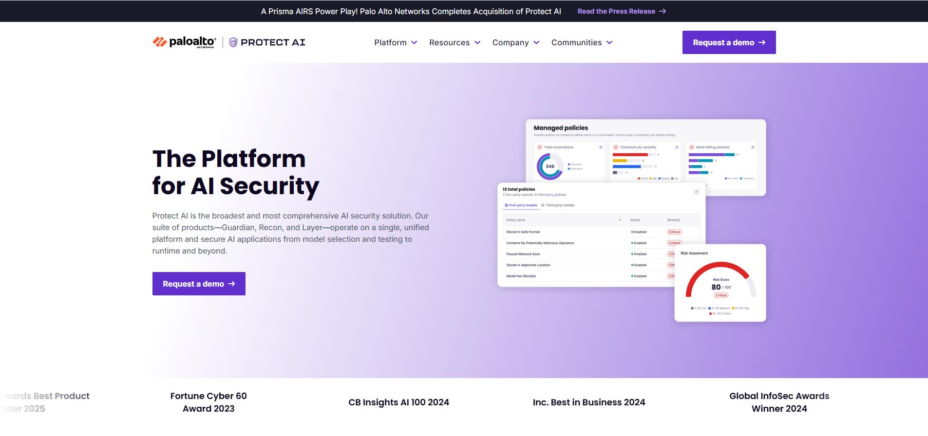 Palo Alto Networks Protect AI page featuring “The Platform for AI Security” with dashboard visuals, metrics, and request demo CTA