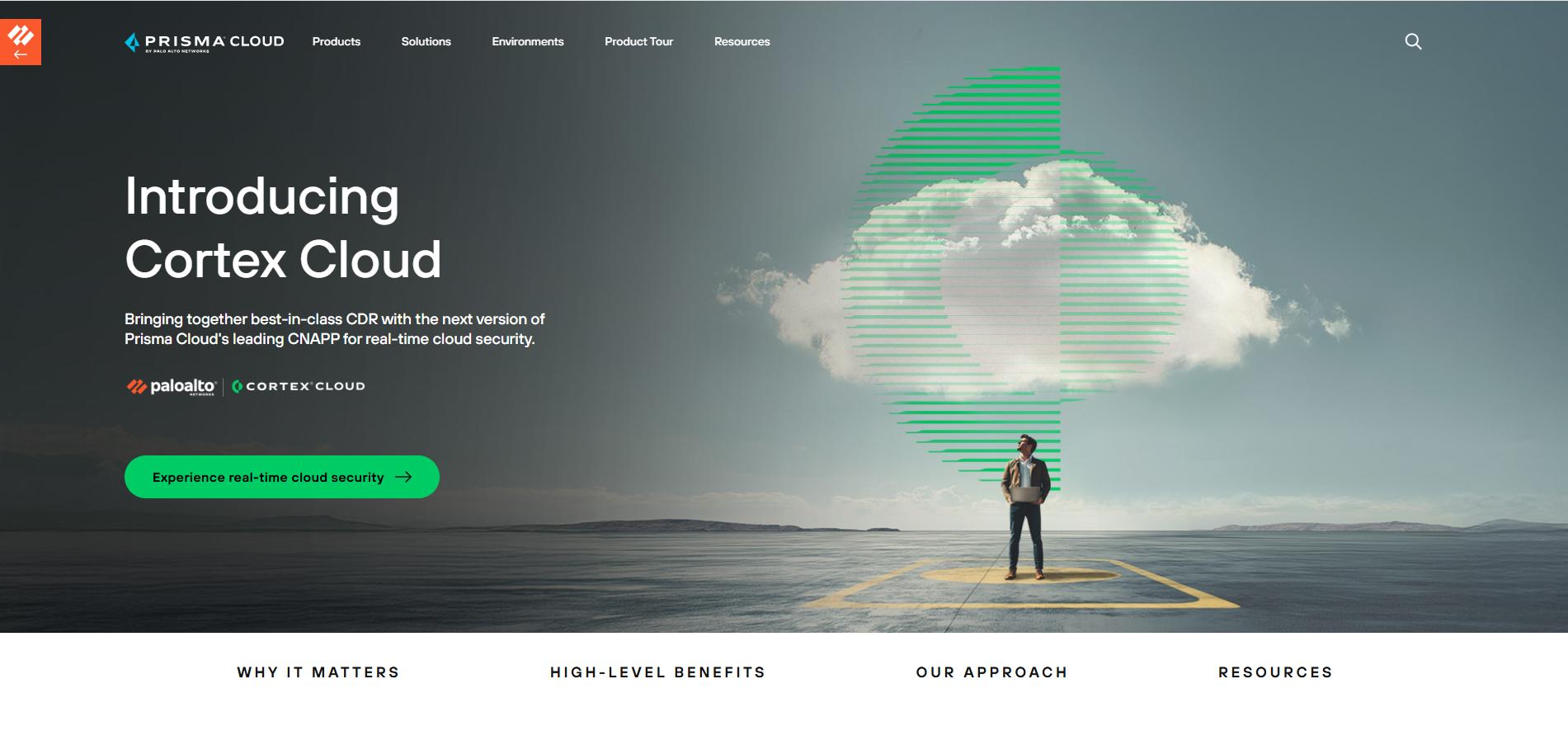 Prisma Cloud page introducing Cortex Cloud with cloud graphic and person standing below, highlighting real-time cloud security platform.