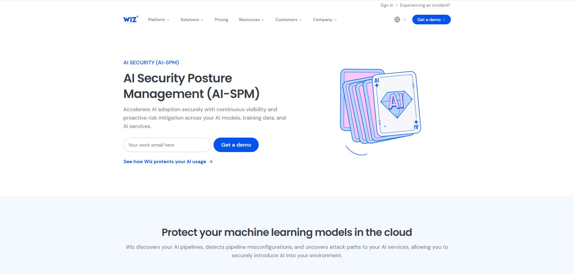 Wiz AI Security Posture Management page with AI-SPM headline, demo CTA, and illustration of AI cards representing models and services.