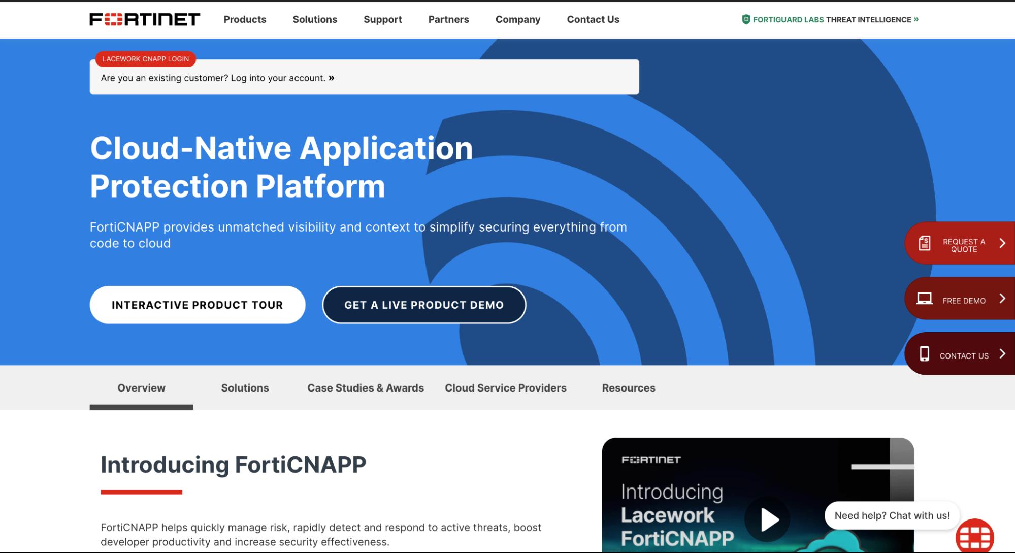 Fortinet FortiCNAPP page showing cloud-native application protection platform with demo buttons and security from code to cloud