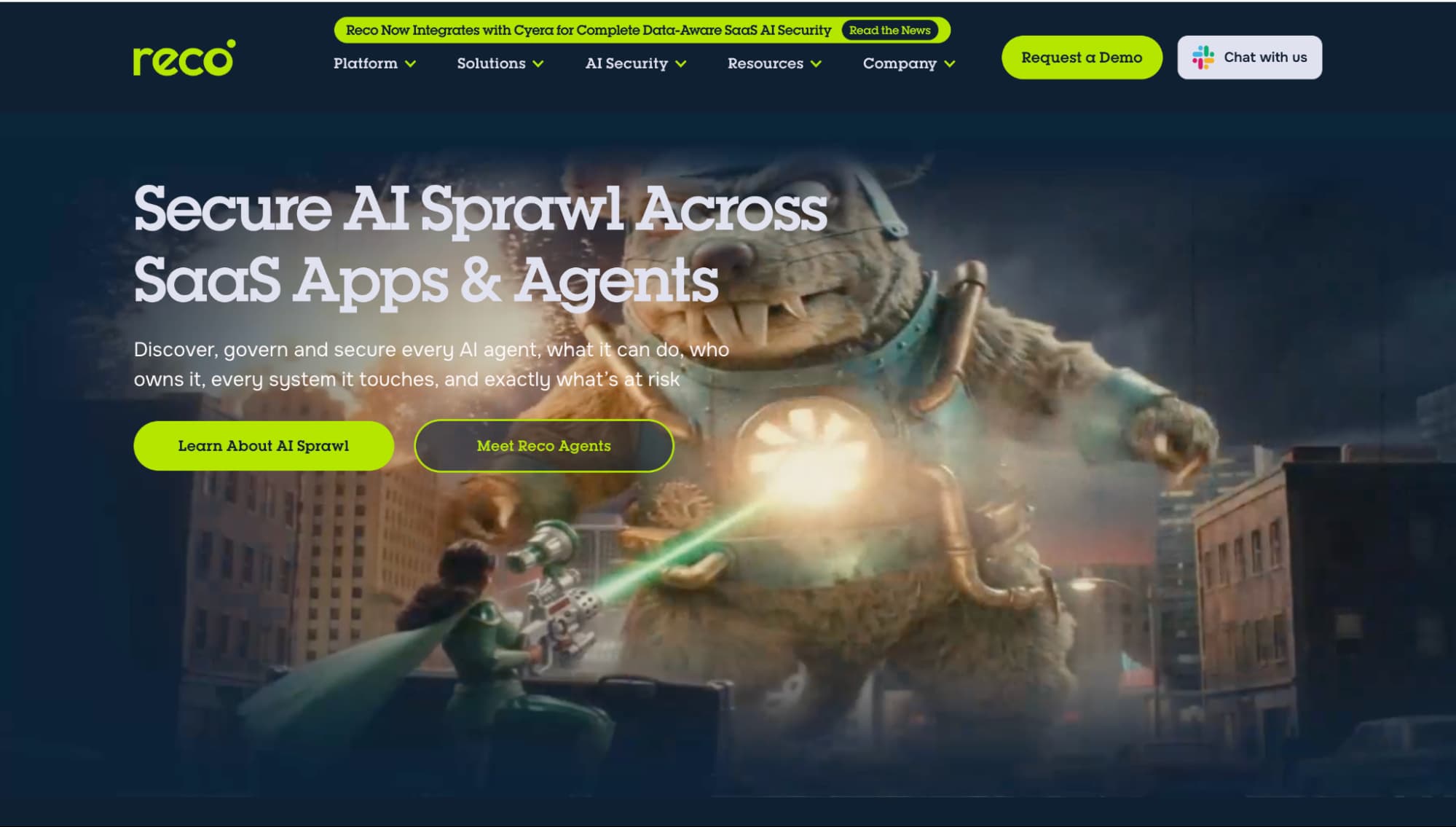Reco homepage banner: “Secure AI Sprawl Across SaaS Apps & Agents” 