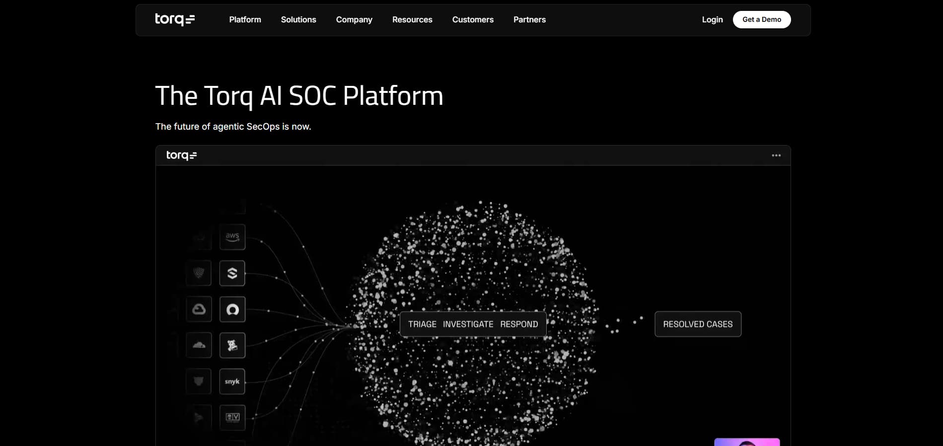Torq AI SOC platform page showing integrations feeding into a central graph for triage, investigate, respond, and resolved cases.