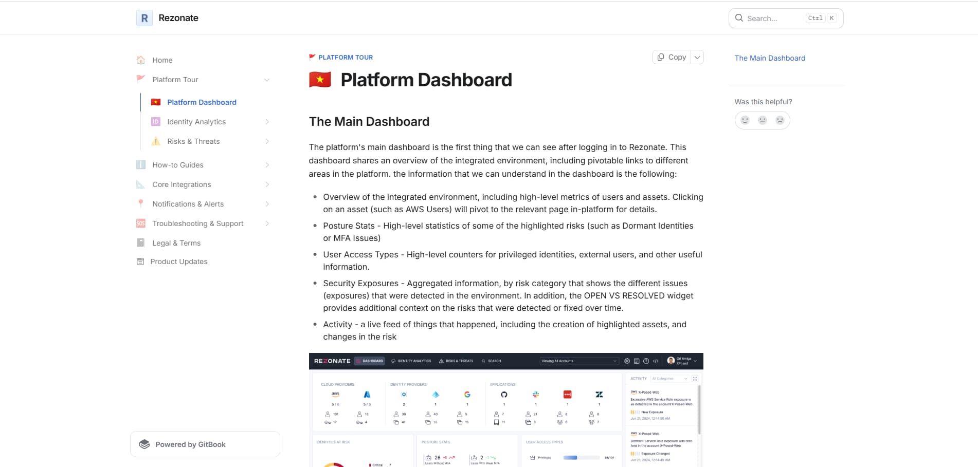 Rezonate Platform Dashboard page showing overview, risk stats, user access, exposures, and activity feed with navigation sidebar.