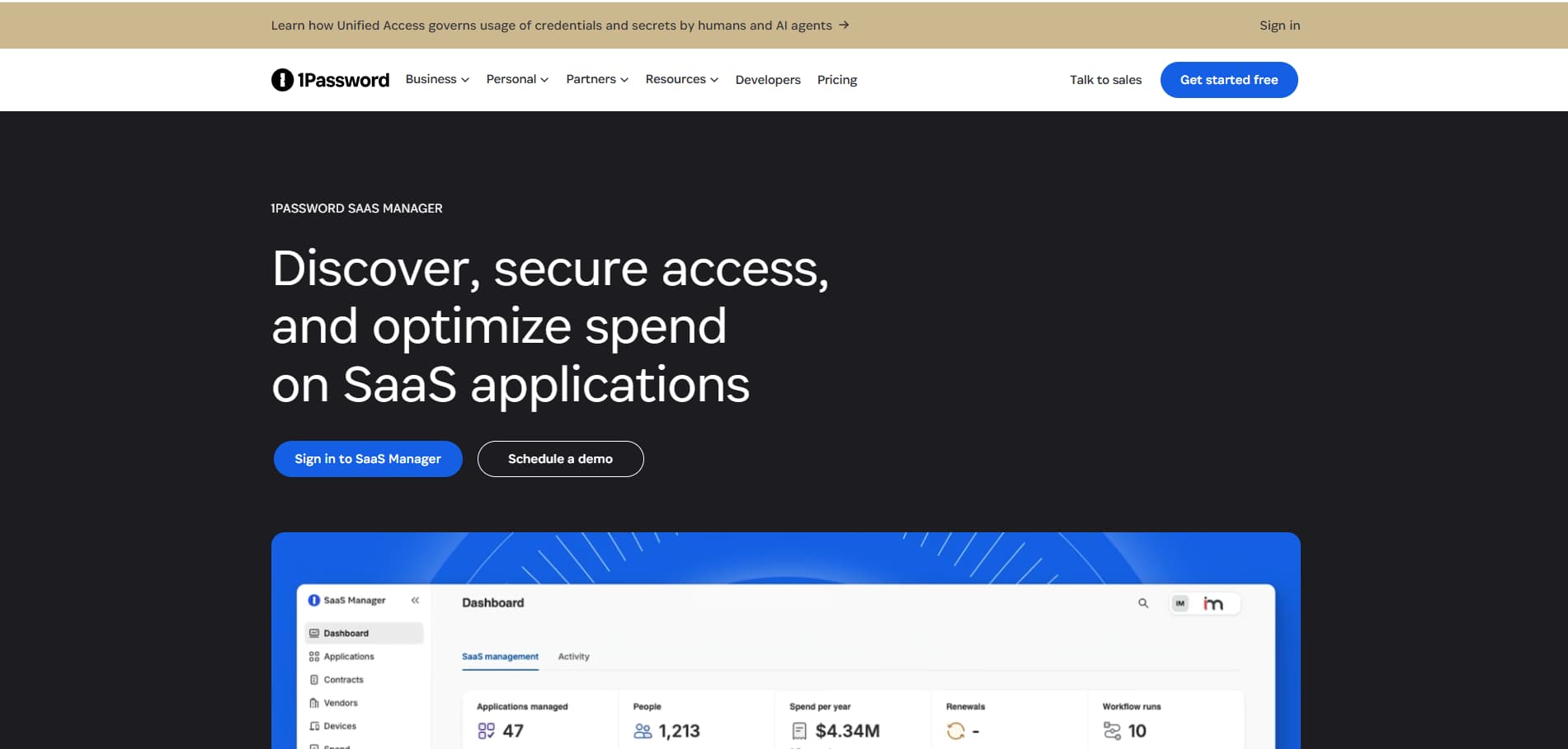 1Password SaaS Manager page with headline on securing and optimizing SaaS spend, plus dashboard preview and demo/sign-in buttons.