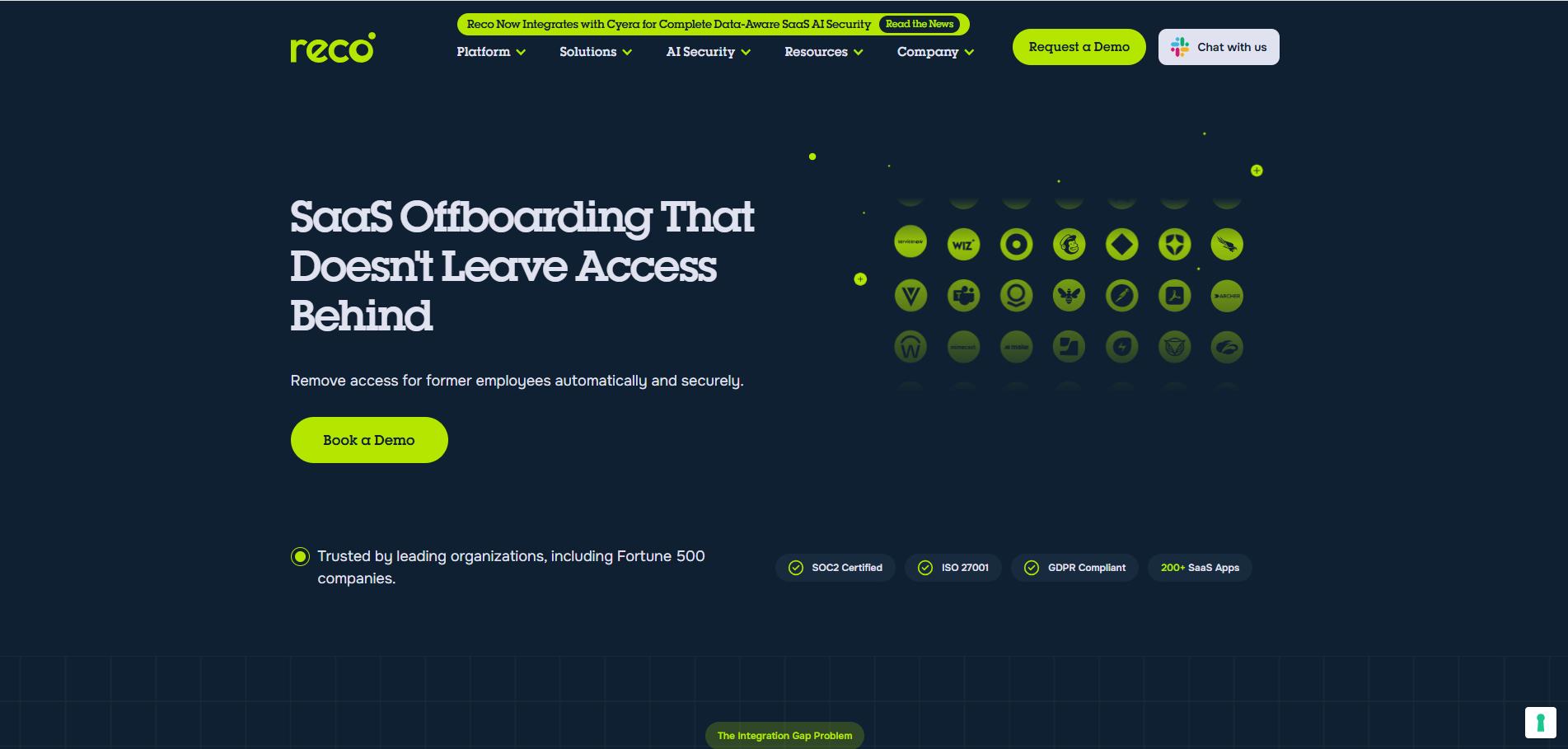 Reco page showing SaaS offboarding platform with automated employee access removal, security badges, and demo CTA.