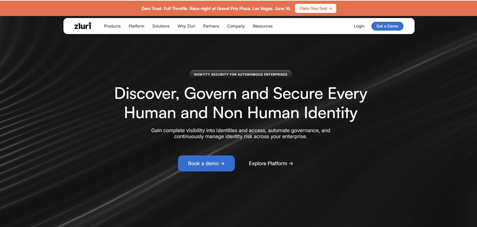 Zluri identity security platform homepage featuring identity governance, access visibility, and demo call-to-action.