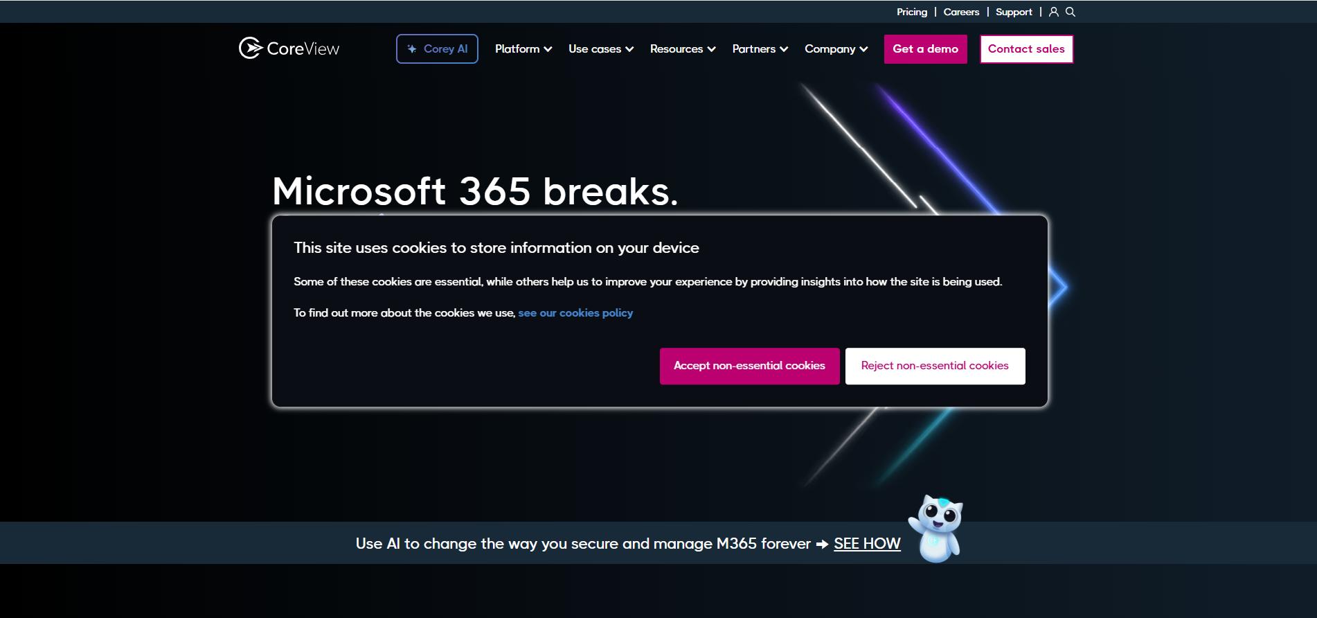 CoreView Microsoft 365 management platform homepage with AI security tools, cookie banner, and demo call-to-action.