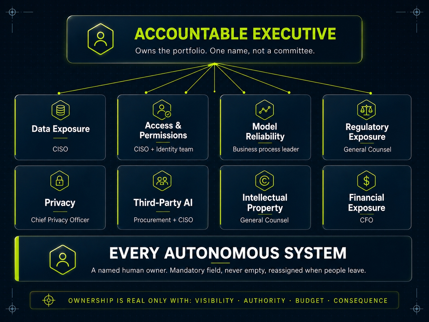 Accountable executive overseeing AI risk owners for data, access, privacy, IP, finance, regulation, and every autonomous system.