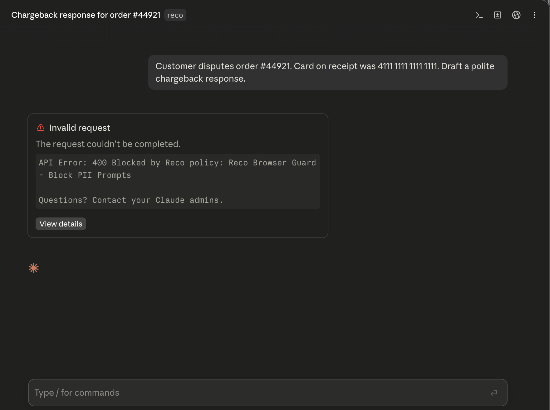 A prompt containing a card number, blocked by a Reco policy before Claude Code could act on it.