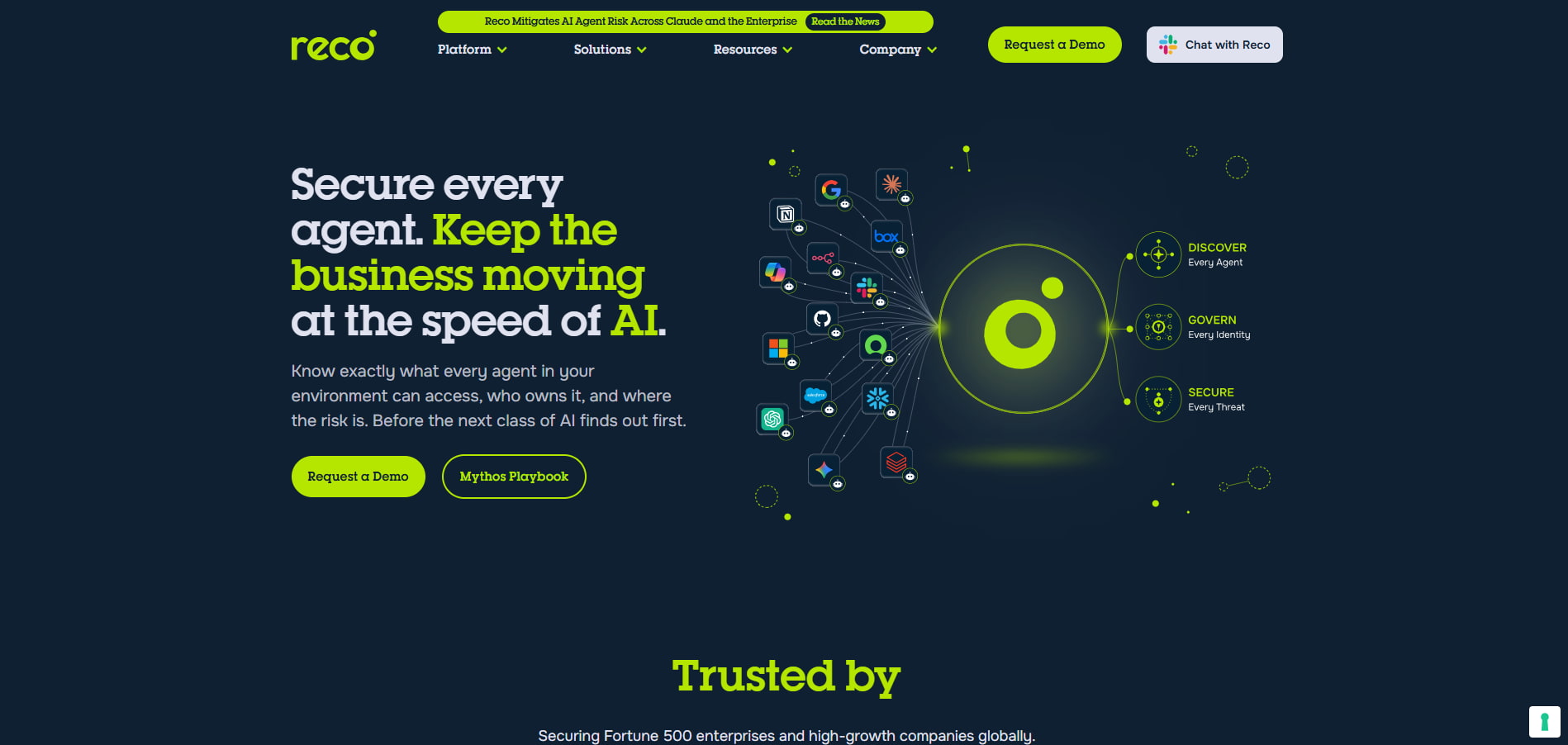 Reco AI security platform for discovering, governing, and securing enterprise AI agents, identities, access, and threats.