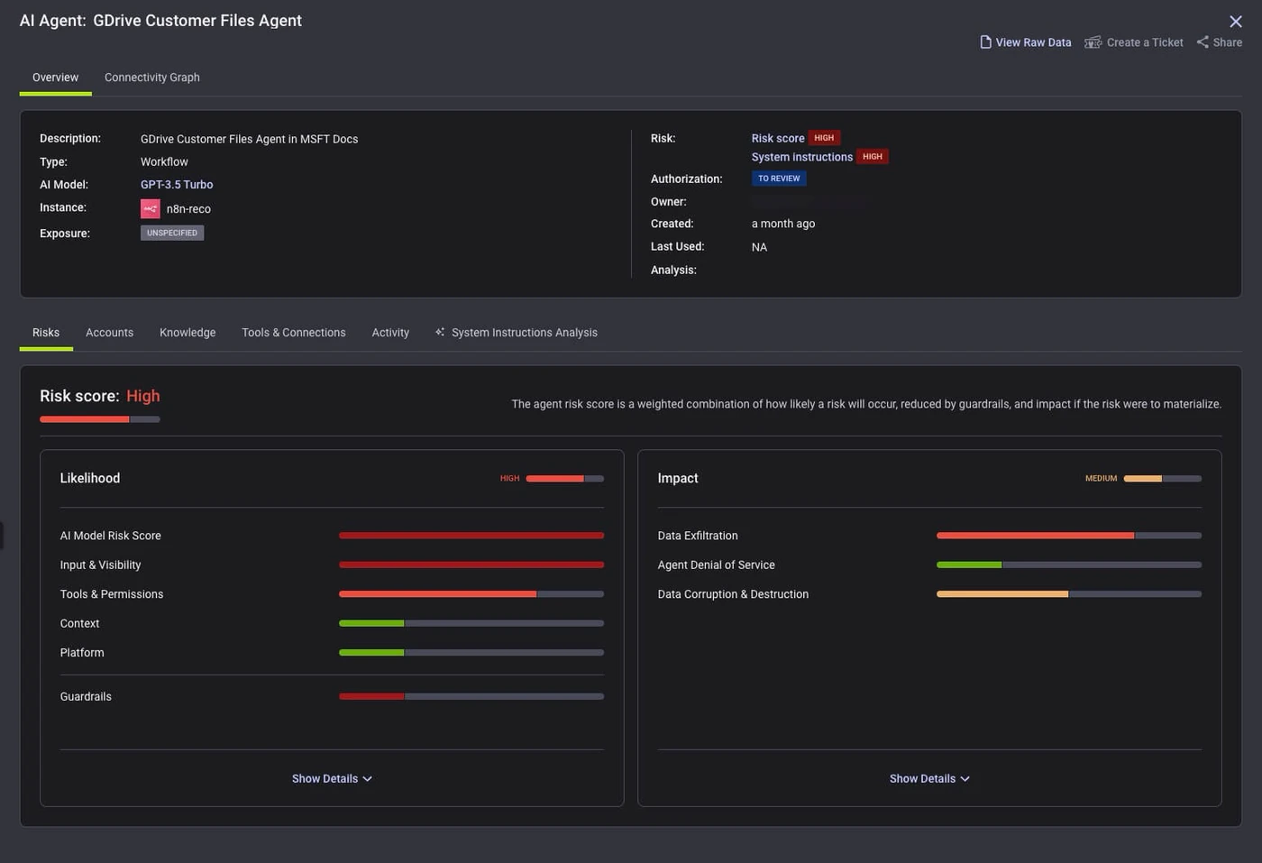 Reco’s dashboard for a GDrive Customer Files AI agent showing a high risk score, driven by model, visibility, permissions, and exfiltration risk.