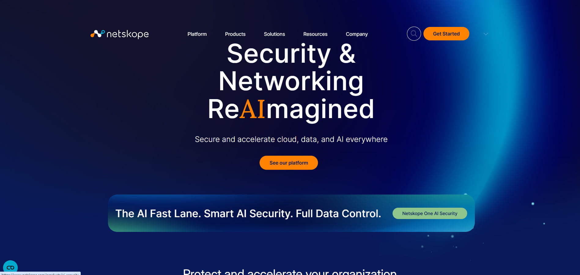 Netskope homepage promoting AI-powered security and networking to protect and accelerate cloud, data, and AI environments.