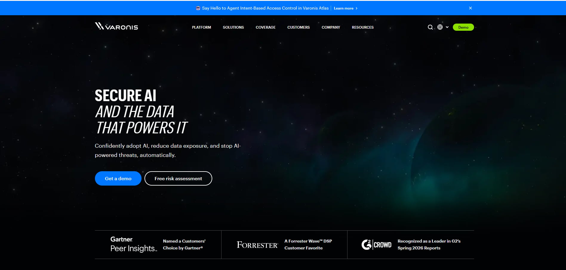 Varonis homepage promoting AI and data security to reduce exposure and stop AI-powered threats, with demo and risk assessment options.