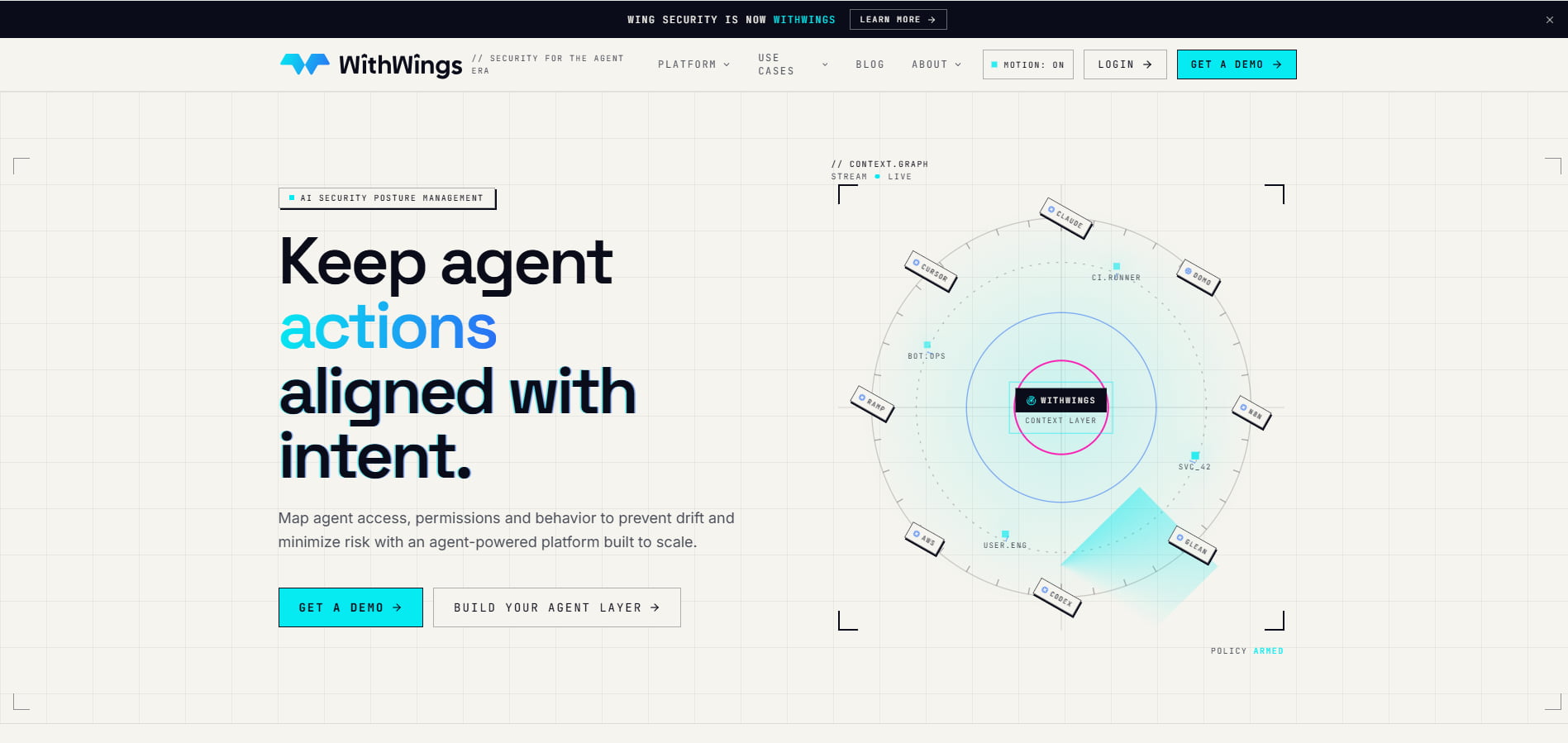 Wing Security homepage showing AI agent security with a circular access map, highlighting aligned actions, permissions, behavior, and risk control.