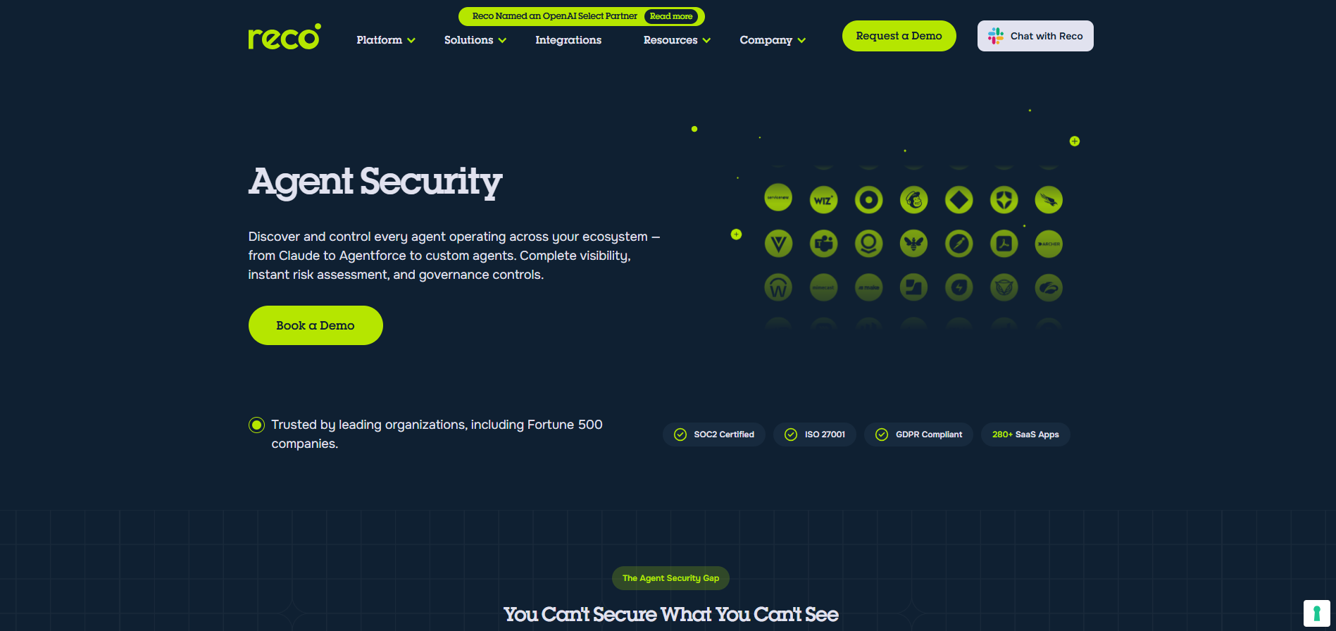 Reco Agent Security platform providing visibility, risk assessment, and governance controls for AI agents across enterprise ecosystems.